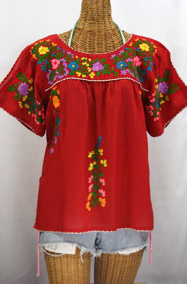 &quot;La Lijera&quot; Embroidered Peasant Blouse Mexican Style -Red + Rainbow