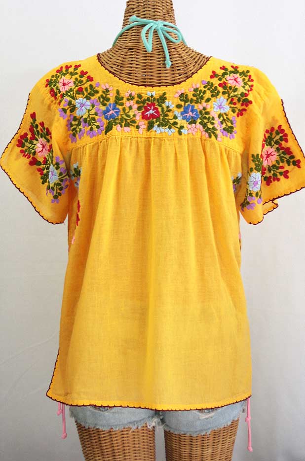 "La Lijera" Embroidered Peasant Blouse Mexican Style Golden Yellow
