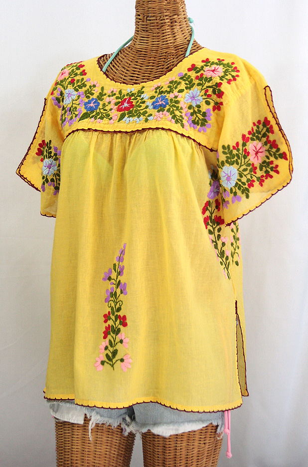 "La Lijera" Embroidered Peasant Blouse Mexican Style Yellow