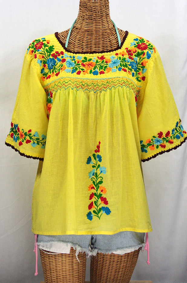 "La Marina" Embroidered Mexican Blouse Yellow + Brown Trim + Fiesta