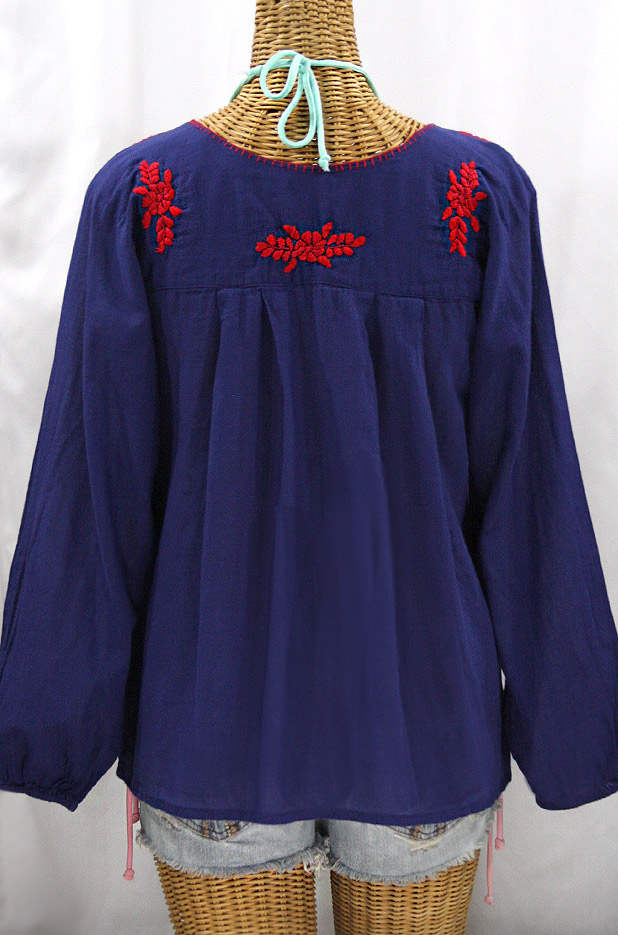 "La Mariposa Larga" Embroidered Mexican Style Peasant Top - Denim + Red