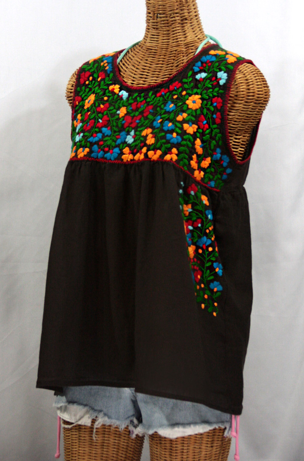 "La Sirena" Sleeveless Mexican Blouse -Dark Brown + Fiesta Embroidery