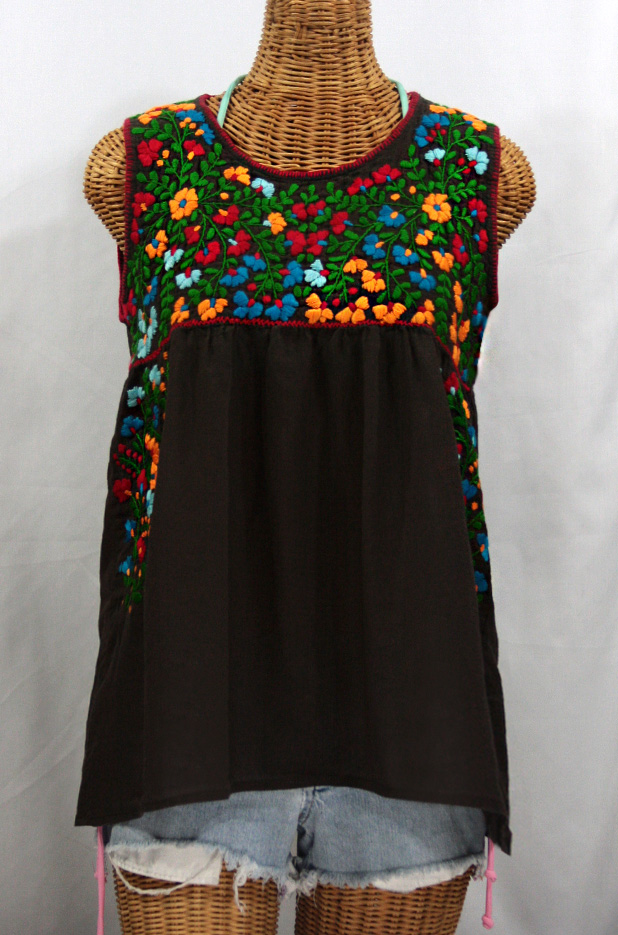"La Sirena" Sleeveless Mexican Blouse -Dark Brown + Fiesta Embroidery