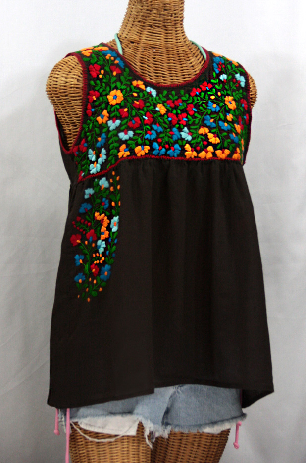 "La Sirena" Sleeveless Mexican Blouse -Dark Brown + Fiesta Embroidery