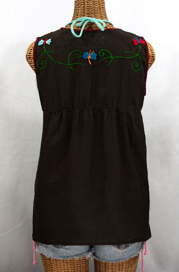 "La Sirena" Sleeveless Mexican Blouse -Dark Brown + Fiesta Embroidery