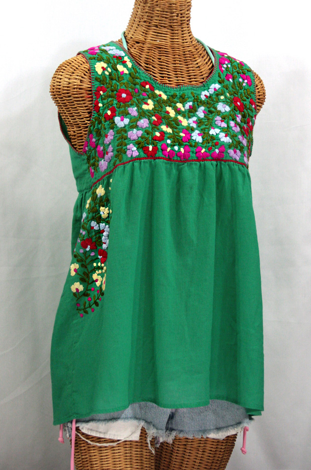 "La Sirena" Embroidered Mexican Style Peasant Top -Green + Multi