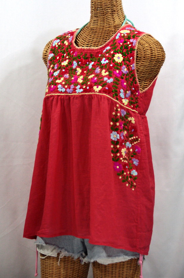 "La Sirena" Embroidered Mexican Style Peasant Top - Tomato Red + Multi