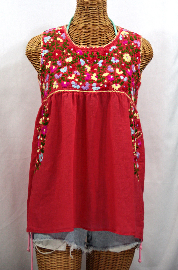 "La Sirena" Embroidered Mexican Style Peasant Top - Tomato Red + Multi