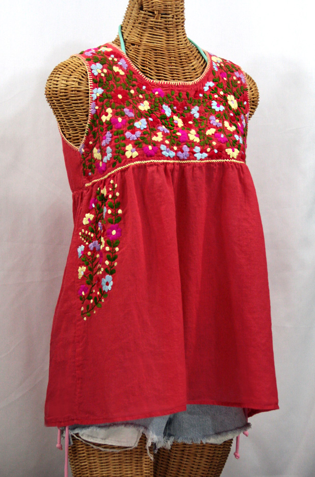 "La Sirena" Embroidered Mexican Style Peasant Top - Tomato Red + Multi