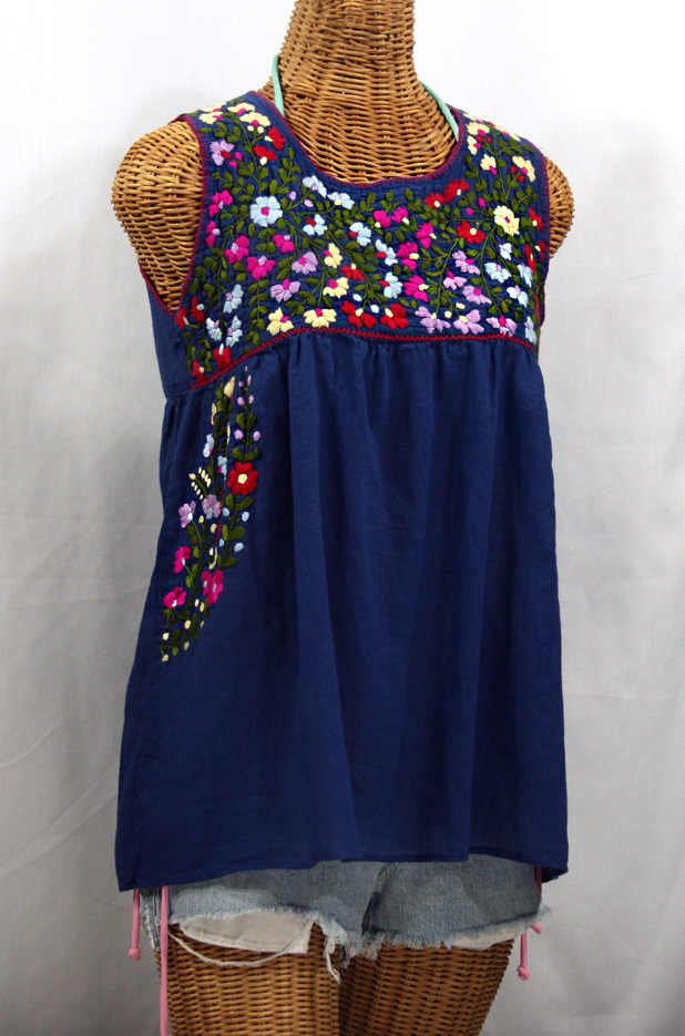 "La Sirena" Sleeveless Mexican Peasant Blouse -Denim Blue