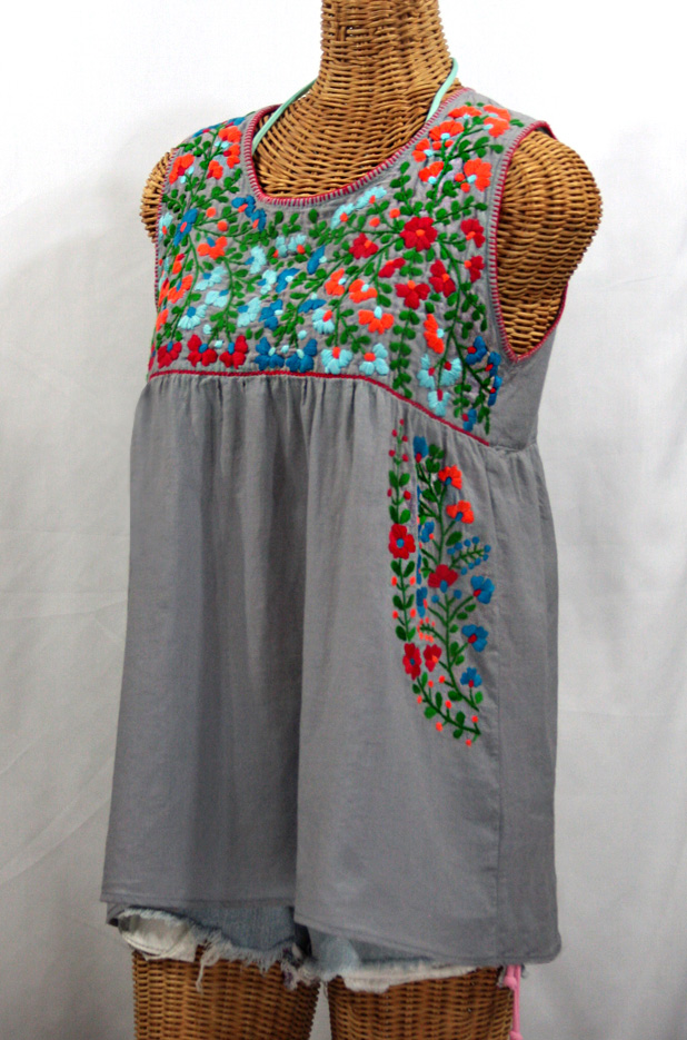 "La Sirena" Sleeveless Mexican Peasant Blouse -Grey + Fiesta Embroidery