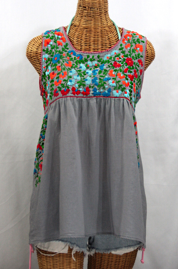 "La Sirena" Sleeveless Mexican Peasant Blouse -Grey + Fiesta Embroidery