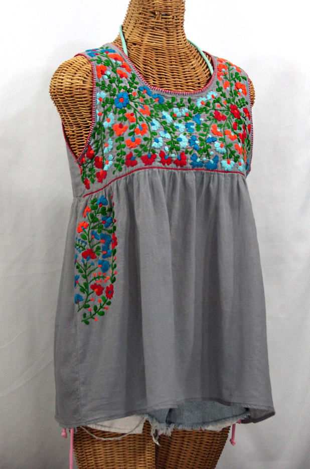 "La Sirena" Sleeveless Mexican Peasant Blouse -Grey + Fiesta Embroidery