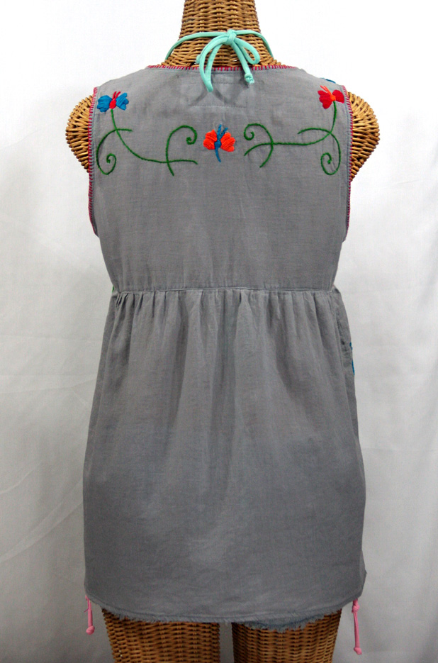 "La Sirena" Sleeveless Mexican Peasant Blouse -Grey + Fiesta Embroidery