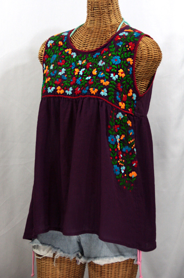 "La Sirena" Sleeveless Mexican Blouse -Plum + Fiesta Embroidery