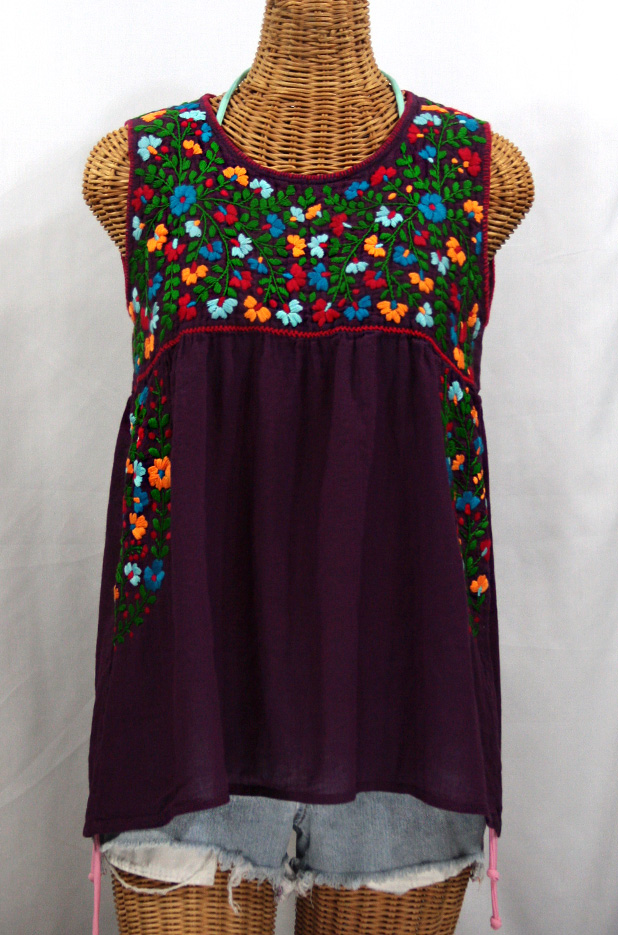 "La Sirena" Sleeveless Mexican Blouse -Plum + Fiesta Embroidery