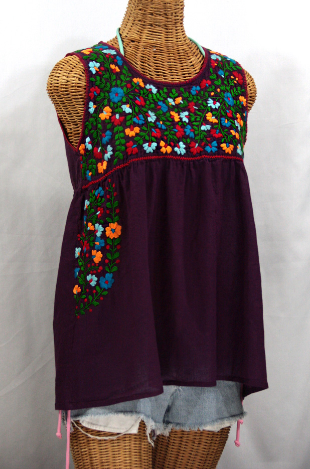 "La Sirena" Sleeveless Mexican Blouse -Plum + Fiesta Embroidery