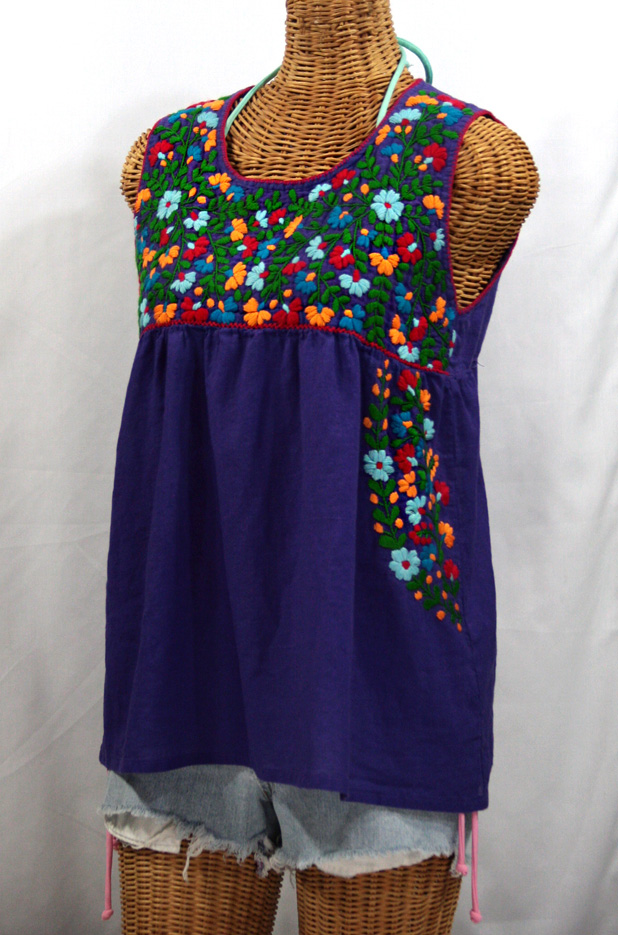 "La Sirena" Sleeveless Mexican Blouse -Purple + Fiesta Embroidery