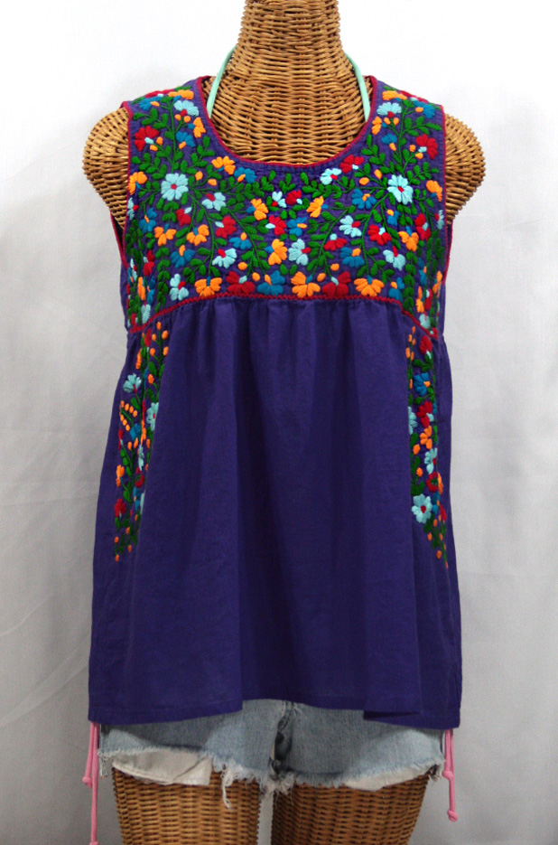 "La Sirena" Sleeveless Mexican Blouse -Purple + Fiesta Embroidery