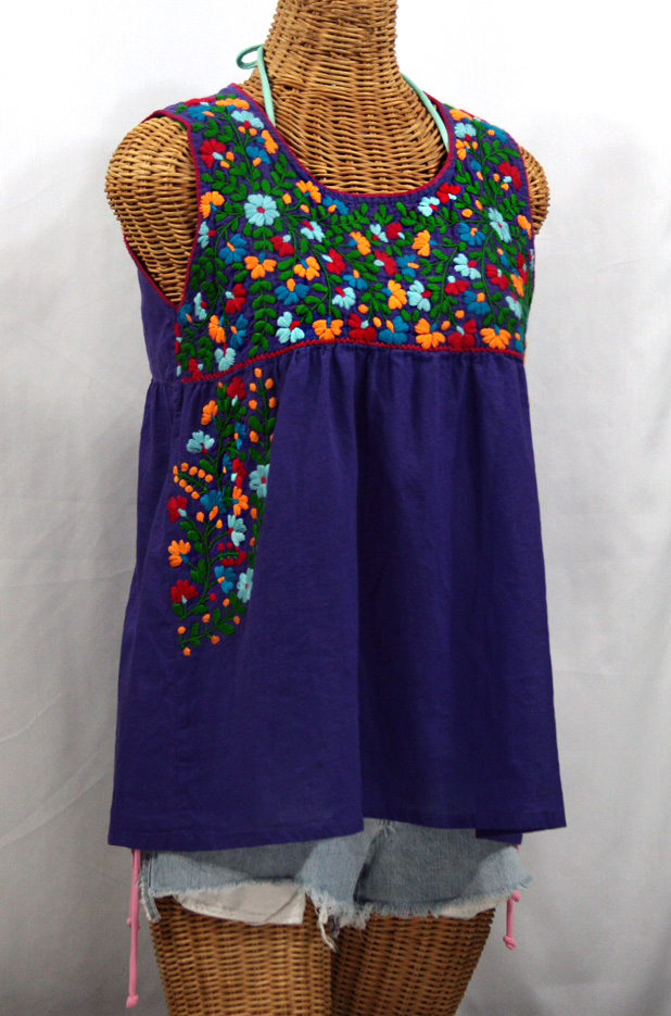 "La Sirena" Sleeveless Mexican Blouse -Purple + Fiesta Embroidery