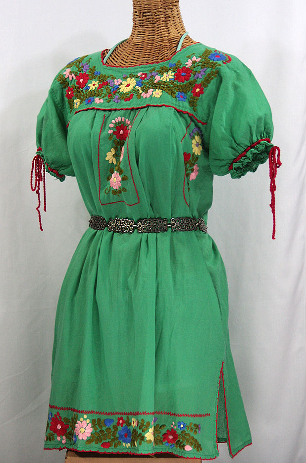 "La Antigua" Embroidered Mexican Dress - Green