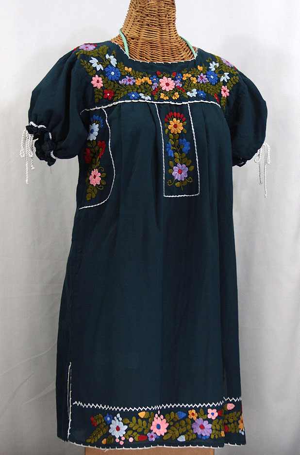 "La Antigua" Embroidered Mexican Dress - Navy + White Trim