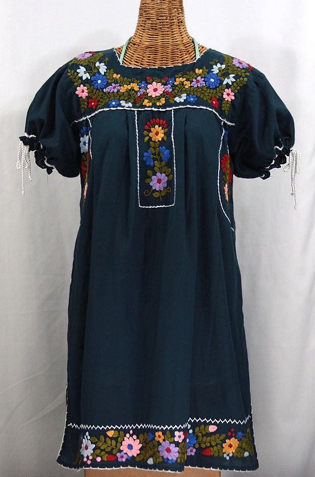 "La Antigua" Embroidered Mexican Dress - Navy + White Trim