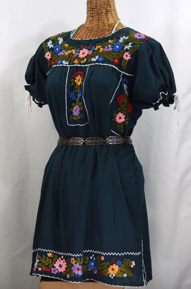 "La Antigua" Embroidered Mexican Dress - Navy + White Trim