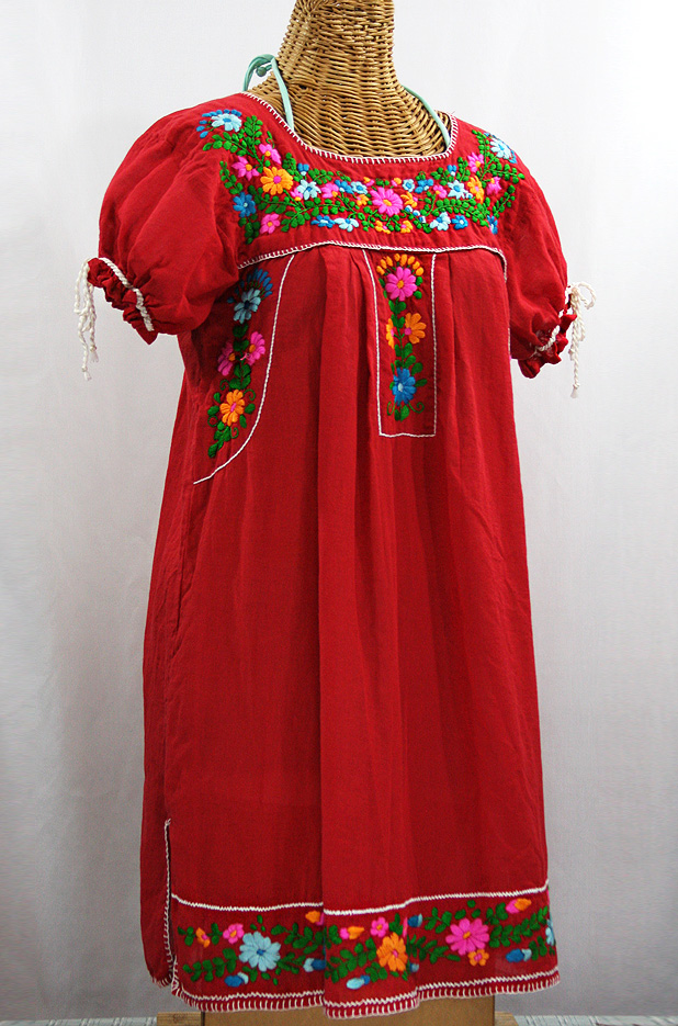 "La Antigua" Mexican Embroidered Peasant Dress - Red + Fiesta