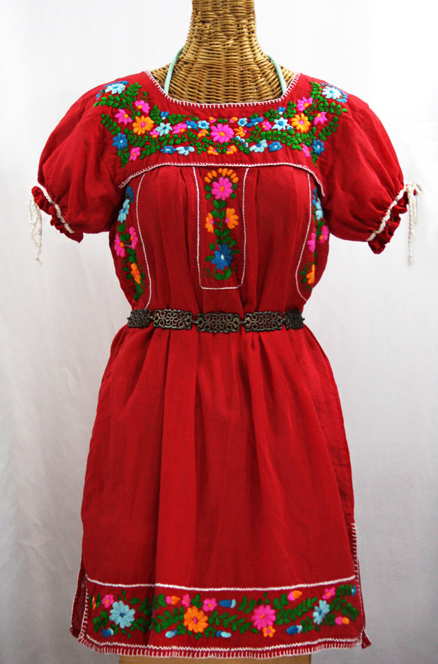 "La Antigua" Mexican Embroidered Peasant Dress - Red + Fiesta