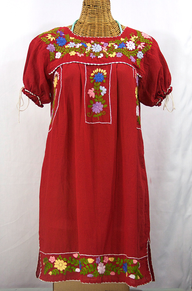 "La Antigua" Mexican Embroidered Peasant Dress - Tomato Red