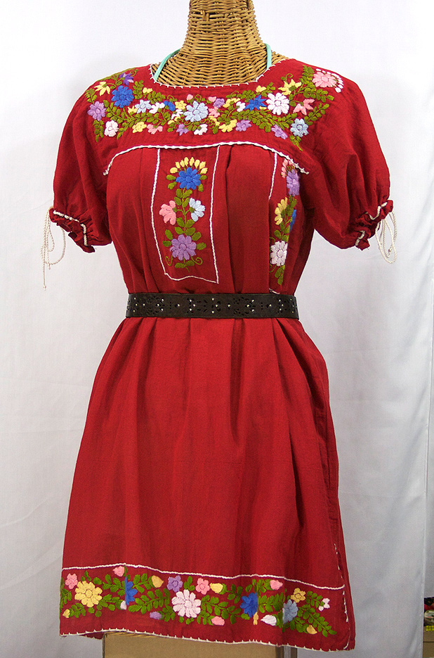 "La Antigua" Mexican Embroidered Peasant Dress - Tomato Red