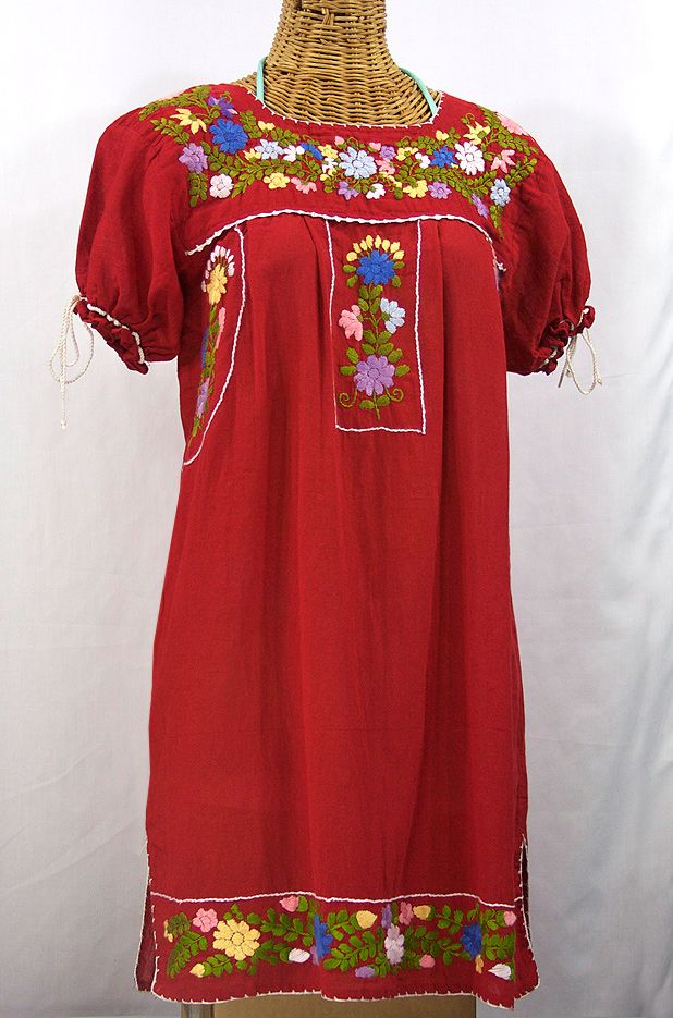 "La Antigua" Mexican Embroidered Peasant Dress - Tomato Red