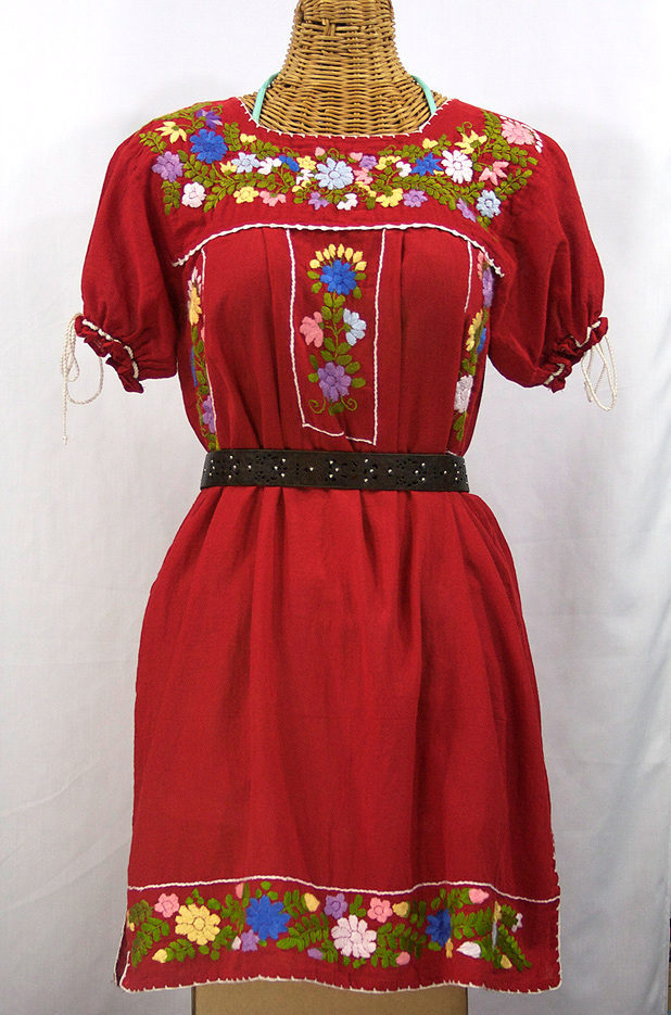 "La Antigua" Mexican Embroidered Peasant Dress - Tomato Red