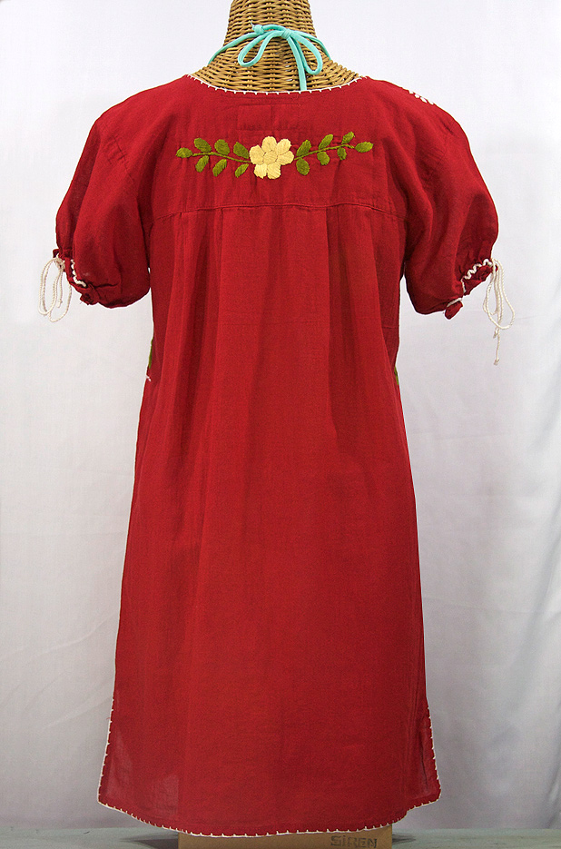 "La Antigua" Mexican Embroidered Peasant Dress - Tomato Red