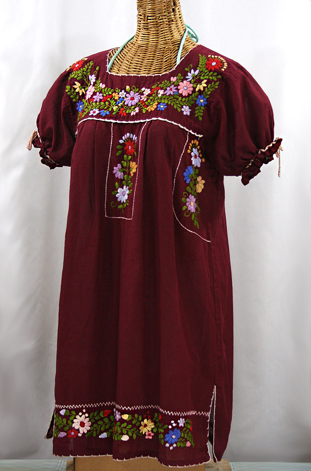 "La Antigua" Embroidered Mexican Style Peasant Dress - Burgundy