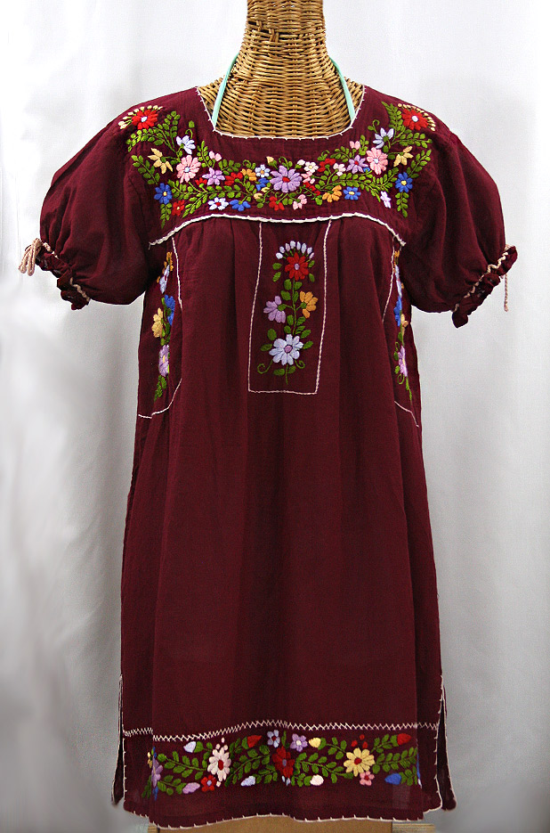 "La Antigua" Embroidered Mexican Style Peasant Dress - Burgundy