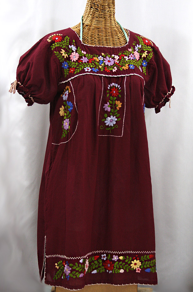 "La Antigua" Embroidered Mexican Style Peasant Dress - Burgundy