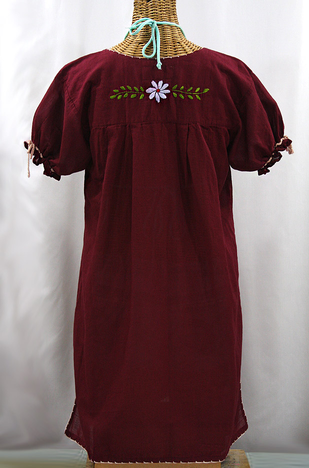 "La Antigua" Embroidered Mexican Style Peasant Dress - Burgundy