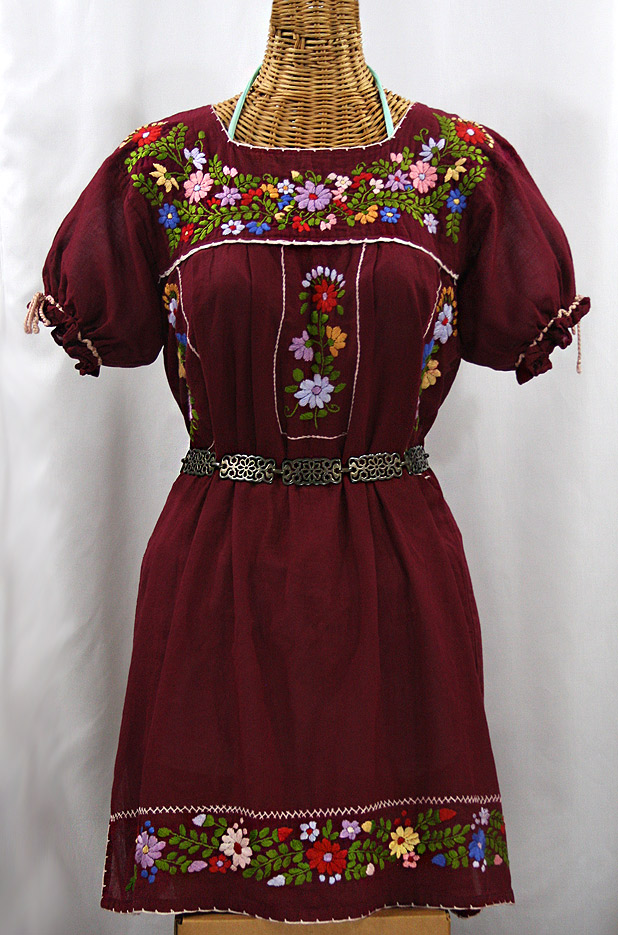 "La Antigua" Embroidered Mexican Style Peasant Dress - Burgundy