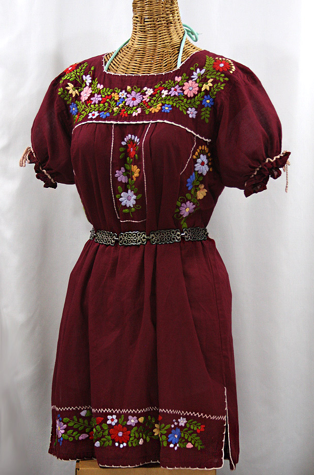 "La Antigua" Embroidered Mexican Style Peasant Dress - Burgundy