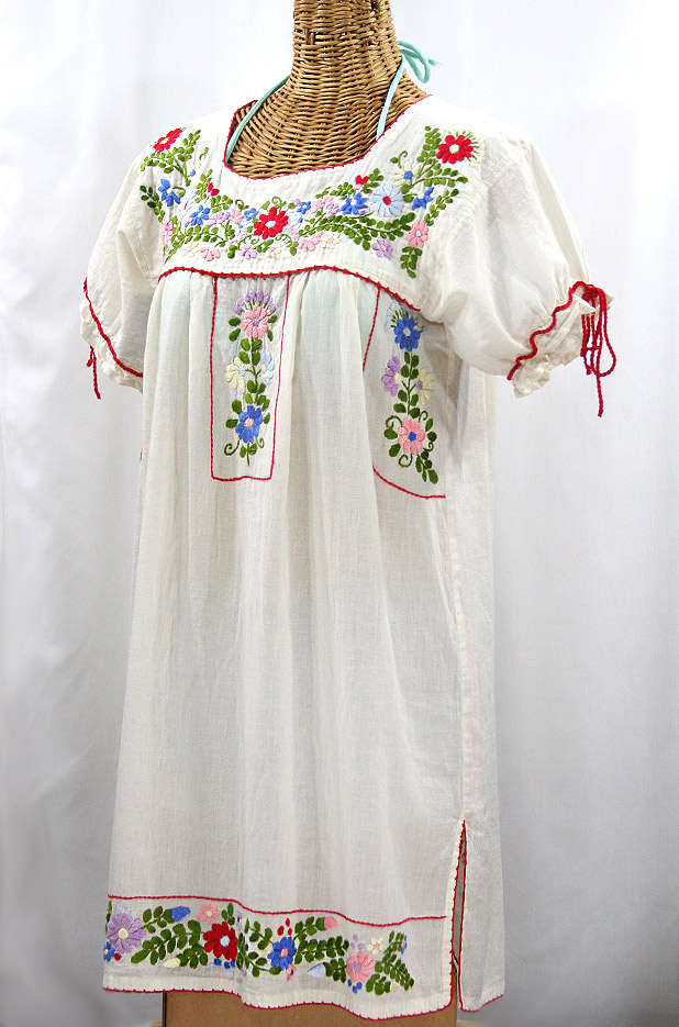 "La Antigua" Embroidered Mexican Style Peasant Dress - Off White