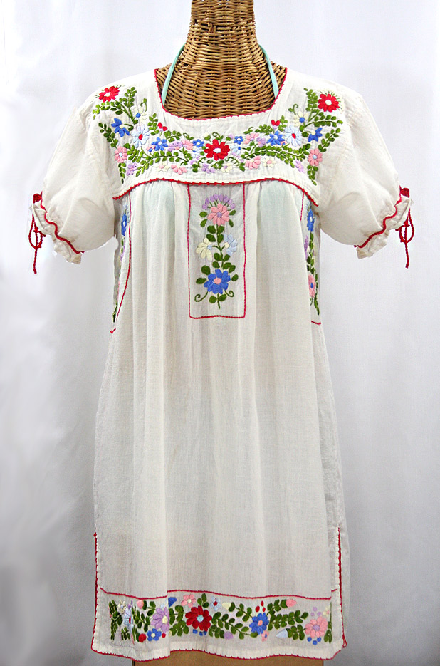 "La Antigua" Embroidered Mexican Style Peasant Dress - Off White