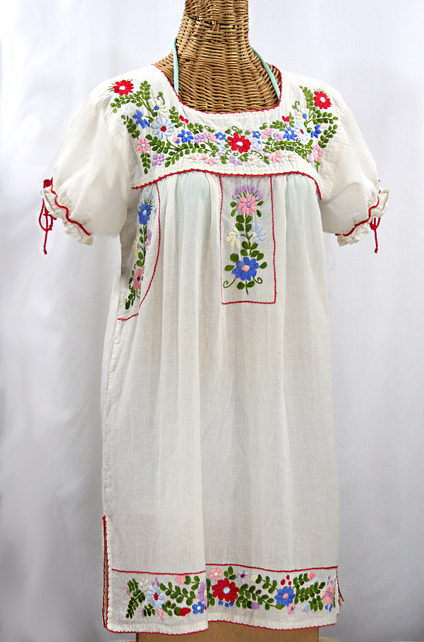 "La Antigua" Embroidered Mexican Style Peasant Dress - Off White