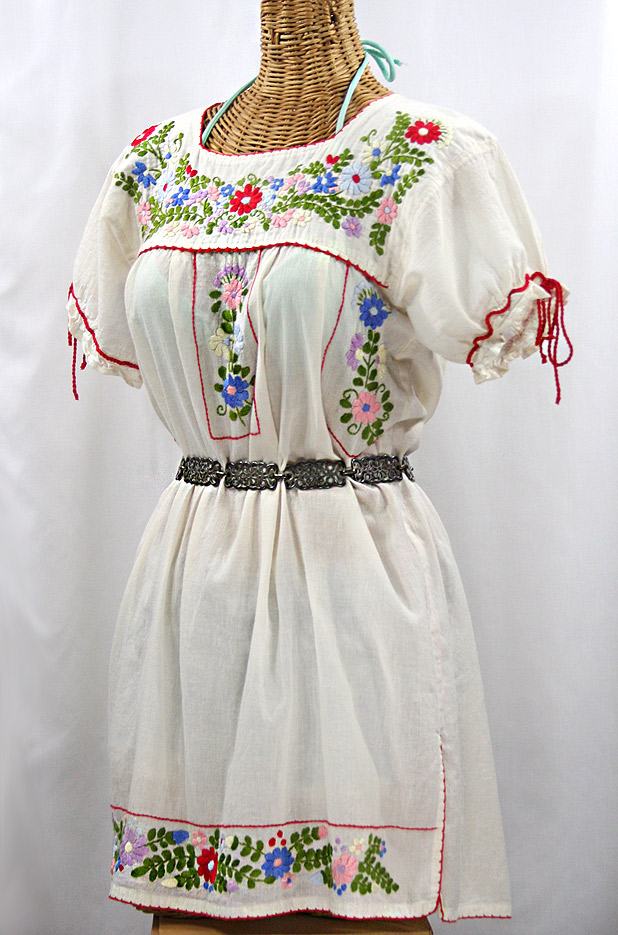 "La Antigua" Embroidered Mexican Style Peasant Dress - Off White