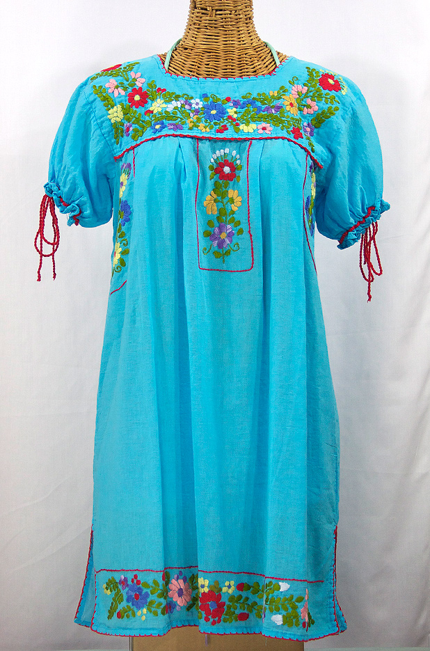 "La Antigua" Mexican Embroidered Peasant Dress - Turquoise + Red Trim