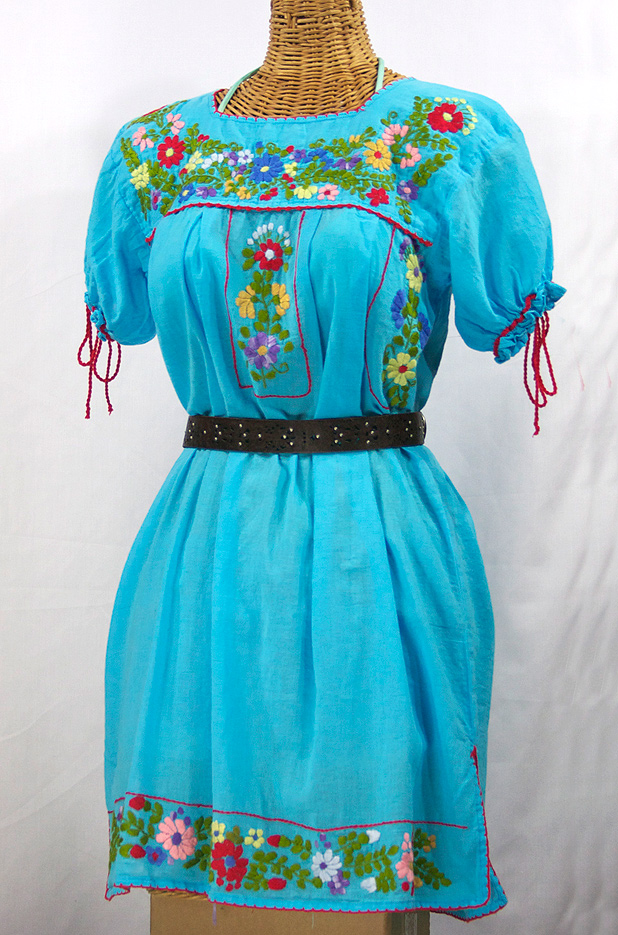 "La Antigua" Mexican Embroidered Peasant Dress - Turquoise + Red Trim