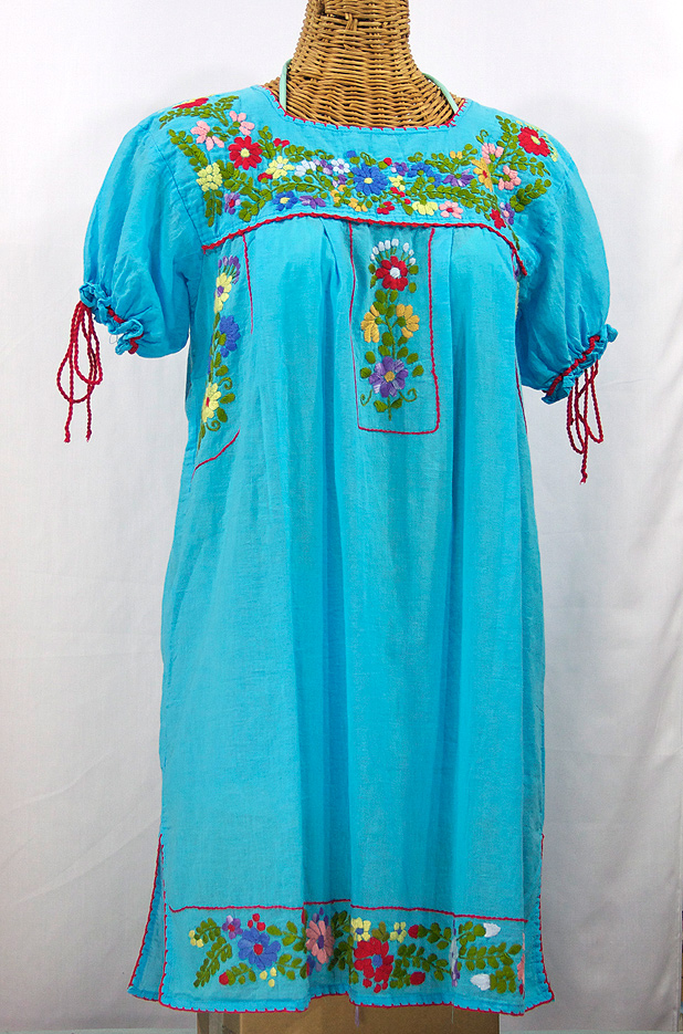 "La Antigua" Mexican Embroidered Peasant Dress - Turquoise + Red Trim