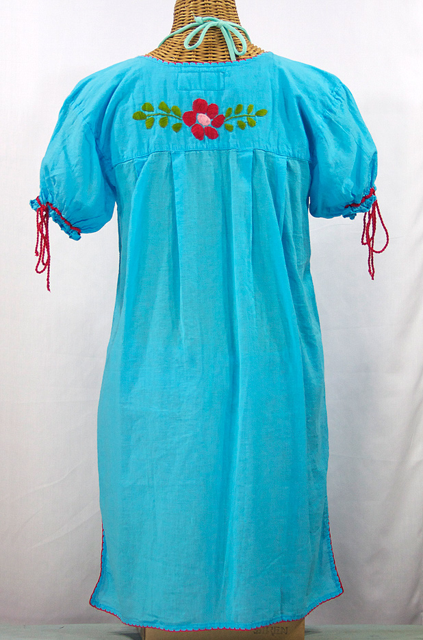 "La Antigua" Mexican Embroidered Peasant Dress - Turquoise + Red Trim