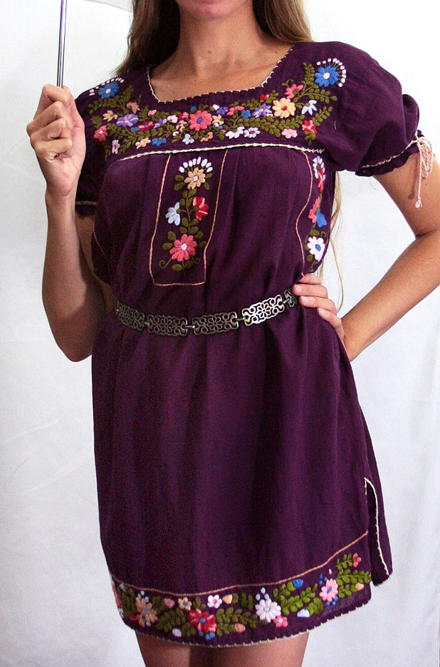 "La Antigua" Embroidered Mexican Style Peasant Dress - Grey + White Trim